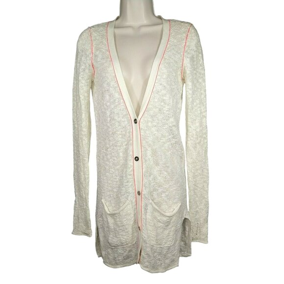 BKE Knit Cardigan Sweater Duster Button Up Women Size XS Cream Pink Pockets - Picture 1 of 7